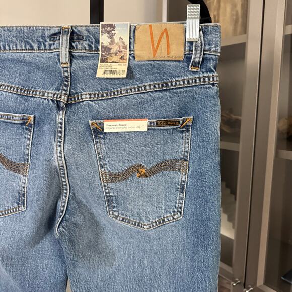 Nudie Solid Ollie Slim Fit Worn Vintage Straight Leg Jeans 32x30 NEW Blue Denim - Picture 6 of 9